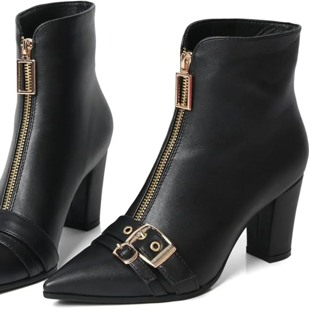 Pointed Toe Kitten Heel Boots-Women Black Booties Rivets Ankle Boot Fashion Shoe - Picture 3 of 5